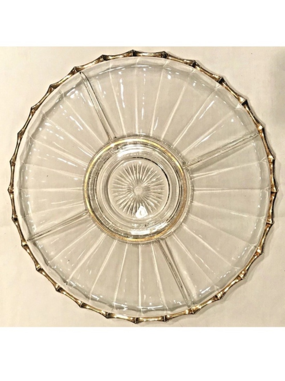 Vintage 1953 Jeannette 13”Round 5 Part Relish Glass Tray Gold Trim